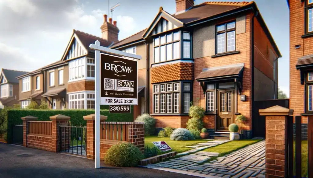 Property For Sale board outside a house featuring a QR code for an instant 3D virtual tour