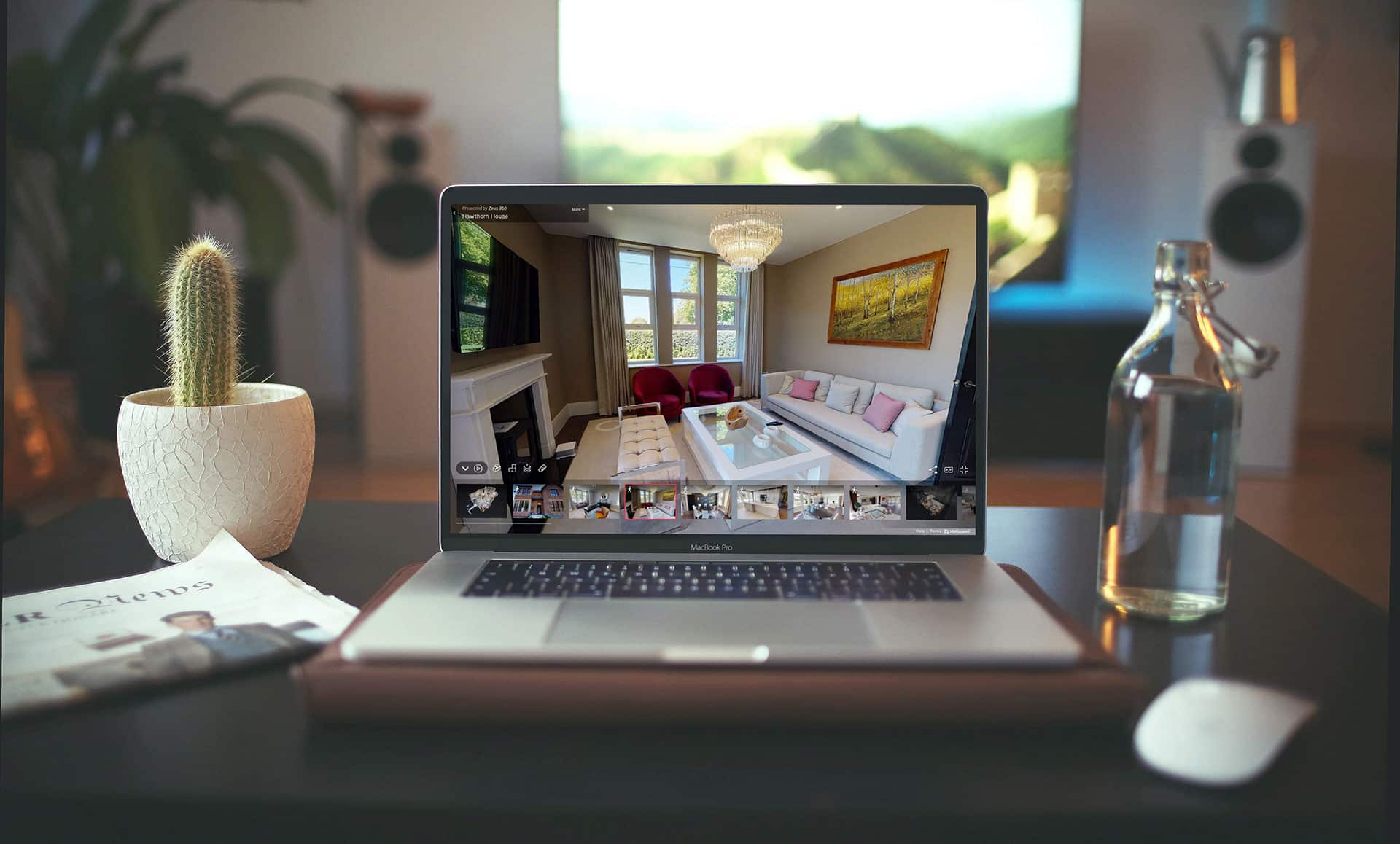A sophisticated, bright commercial and residential property composition featuring an iPad displaying a Matterport real estate virtual tour walkthrough.