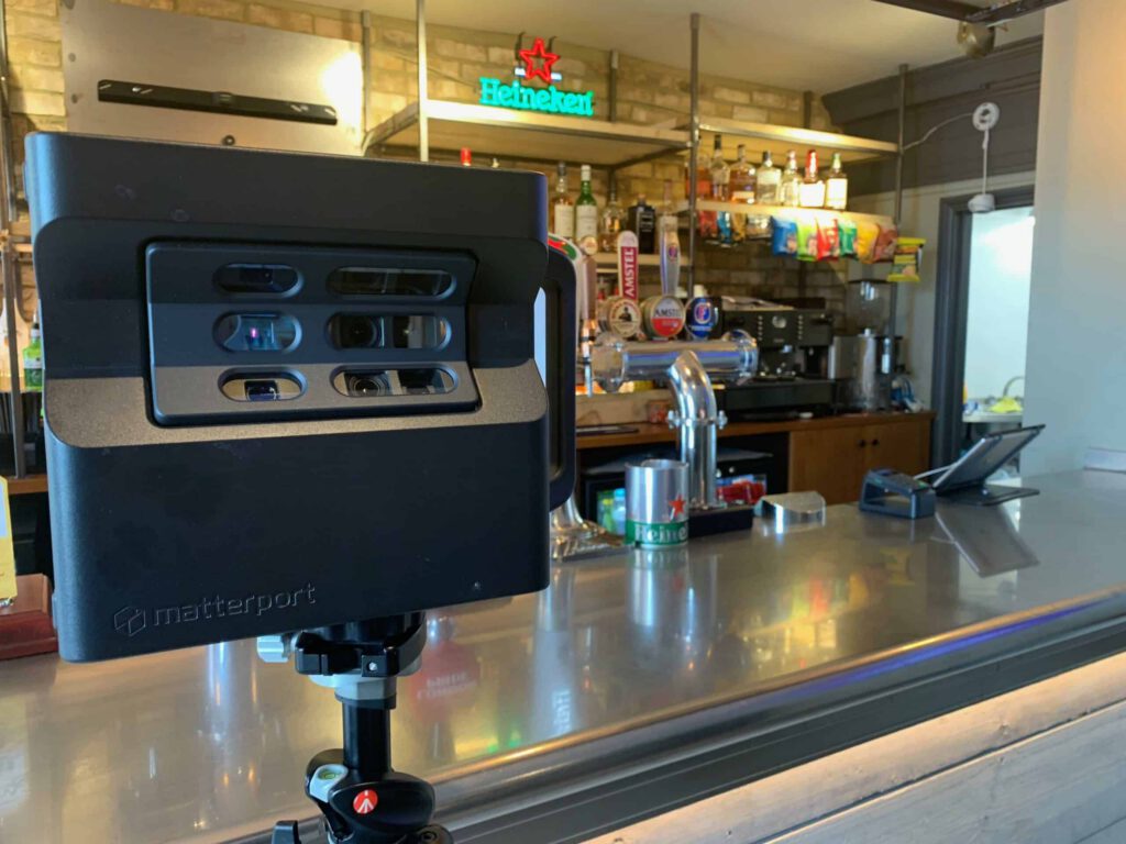 3D virtual tour camera capturing spatial data inside a luxury restaurant and bar in Manchester