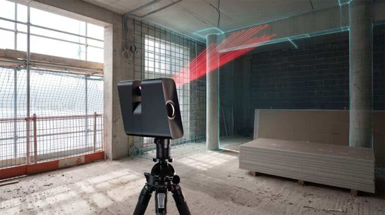 High-resolution 3D laser scanning data capturing accurate as-built documentation of exposed MEP installations on a commercial UK construction site.