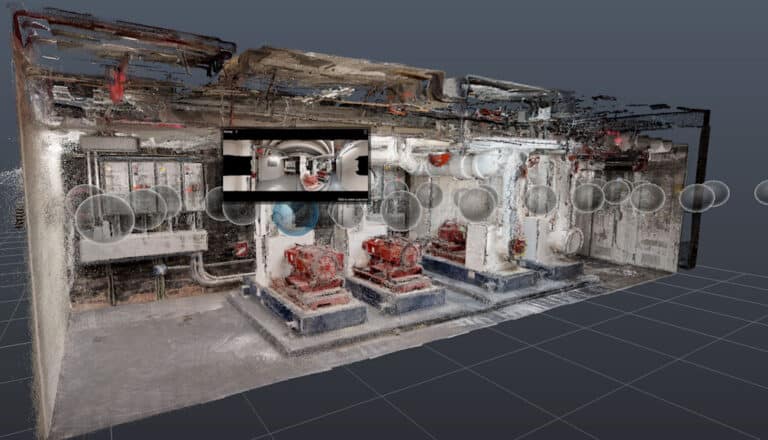 A detailed E57 point cloud model seamlessly integrated into BIM software, demonstrating how 3D spatial data is used for architectural clash detection and verification.