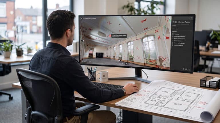 A project manager using a construction virtual tour on a tablet to remotely monitor site progress and track key building milestones from an off-site office.