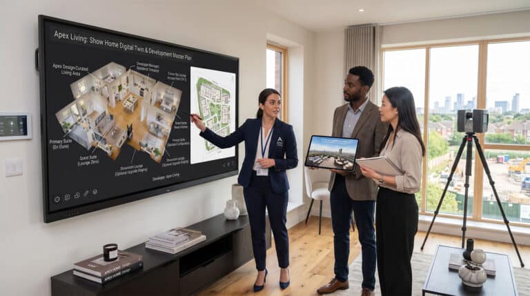 Developer representative and investors analyzing a show home digital twin tour and development master site plan.