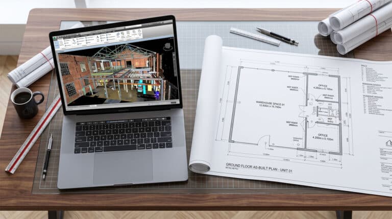 A laptop displaying a 3D point cloud model alongside printed schematic floor plans, showcasing the spatial data extracted from a construction virtual tour.