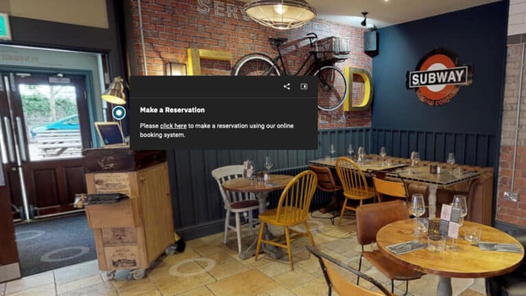An interactive tag within a hospitality virtual tour highlighting a booking facility. Clicking the seamless tag opens a direct booking link for an upsell service, illustrating how virtual tours drive revenue.