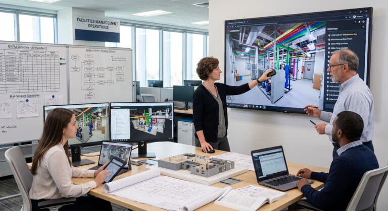 Facilities manager inspecting a Matterport digital twin tour for remote asset management, maintenance planning, and enhanced building operational efficiency.