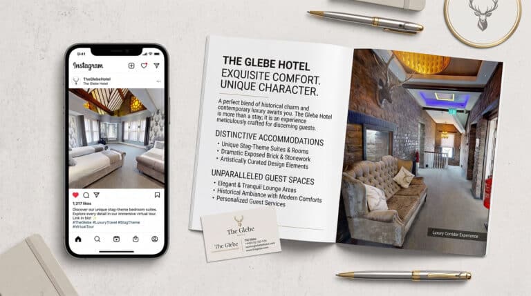 Digital marketing assets generated from a hospitality virtual tour, displaying how a 3D hotel scan provides print-ready photography for physical brochures and high-resolution content for social media campaigns.