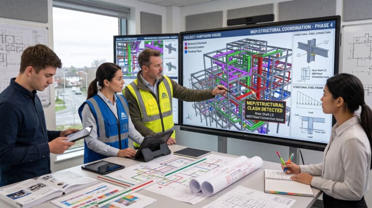 MEP and structural engineers using a detailed Matterport construction tour for clash detection and verifying as-built conditions against the BIM design model.