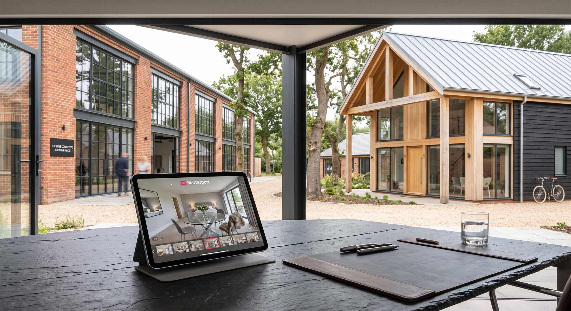 A sophisticated, bright commercial and residential property composition featuring an iPad displaying a Matterport real estate virtual tour walkthrough.