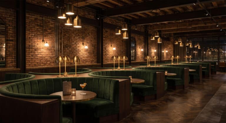 High-resolution virtual tour preview of an atmospheric restaurant and cocktail bar featuring green velvet booth seating, warm lighting, and exposed brick walls.