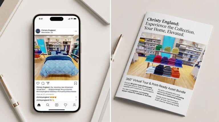 Marketing assets bundle for retail showrooms including social media content and print brochures generated from 360 virtual tours.