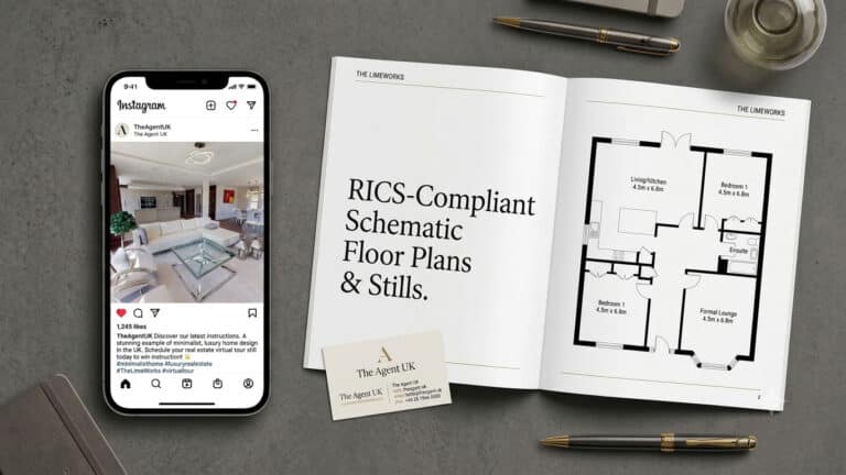 A flat lay of UK property marketing materials, including a smartphone displaying a social media post, an open printed brochure with an RICS-compliant floor plan, and a business card.