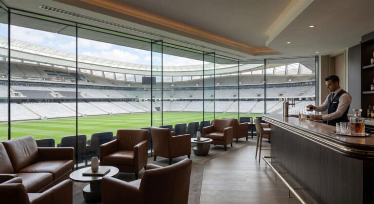 A 3D virtual tour viewpoint from inside a premium VIP hospitality box with a private bar, looking out through floor-to-ceiling glass over a massive sports stadium pitch.