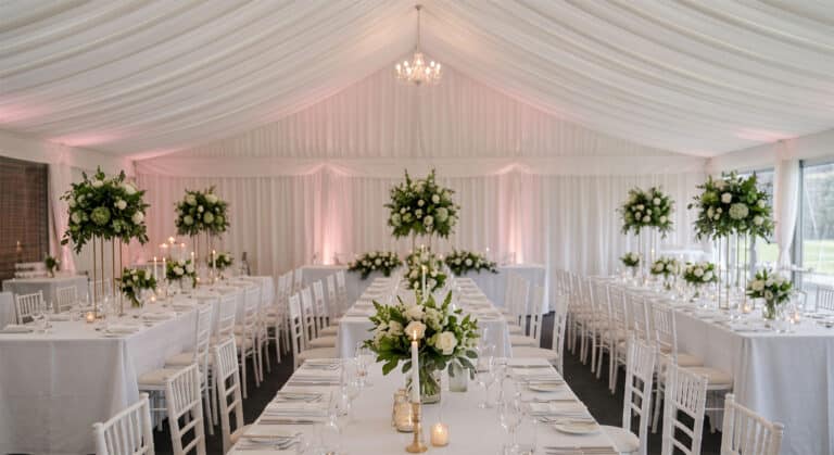 An immersive virtual tour perspective of a fully dressed wedding marquee venue, showcasing long banquet tables, white chairs, and elegant floral centerpieces.
