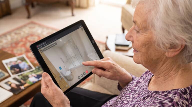 An aged person seated in an armchair, calmly touch-navigating a Matterport virtual tour of a care home on an iPad, illustrating pre-visit familiarization and reassurance.