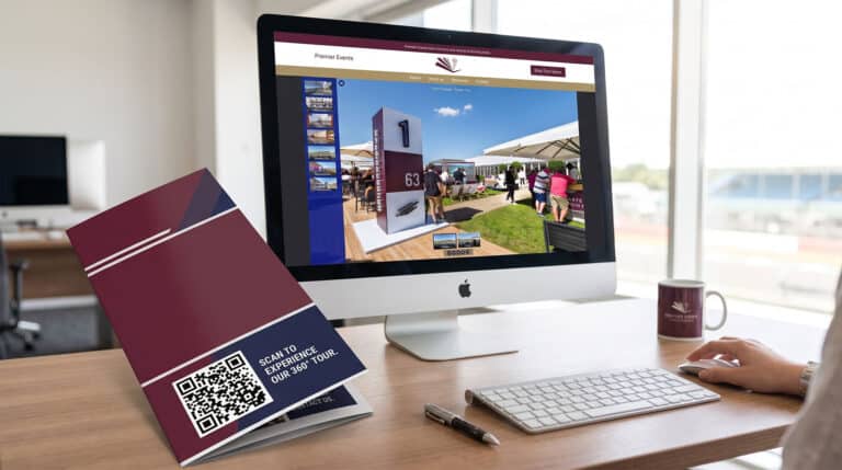 A printed sales brochure featuring a QR code next to a desktop computer displaying a bespoke 360 virtual tour seamlessly embedded into a company website.