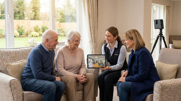 Family and care home manager looking at a 3D virtual tour of the residential care facility on a tablet in a welcoming lounge.