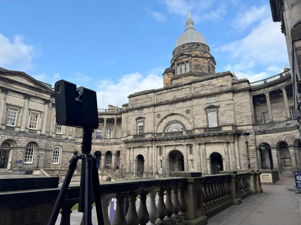 Professional Matterport 3D camera setup positioned during an on-site virtual tour shoot in Manchester