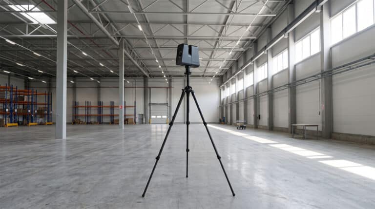 Professional 360 camera capturing an industrial unit and warehouse for commercial real estate marketing.