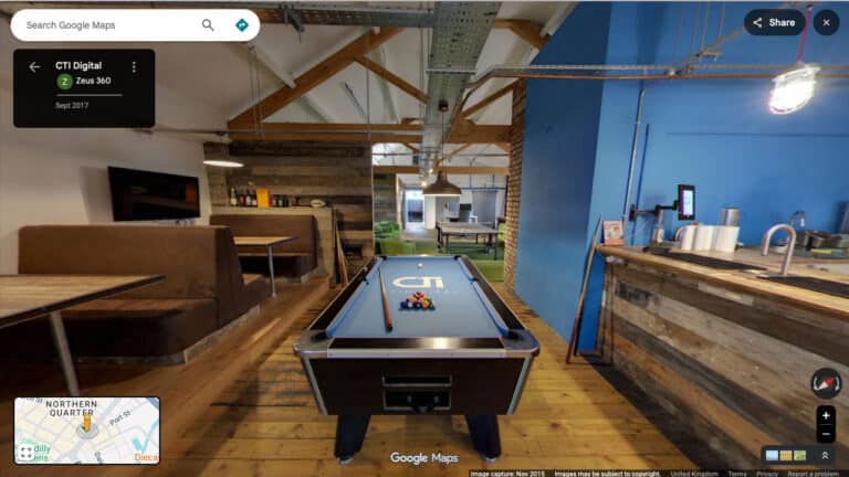 An interactive Google Street View virtual tour navigating through a modern coworking and flexible office space.