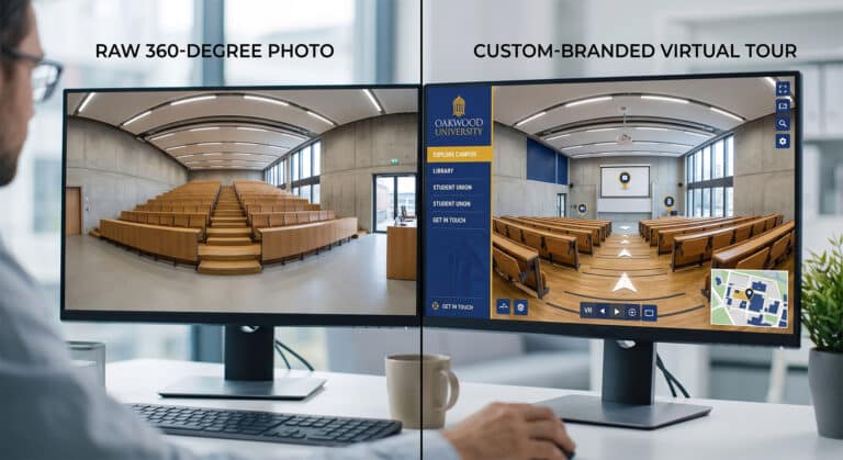 A comparison showing a raw 360 photo transformed into a fully branded, interactive virtual tour interface with custom menus for a school.