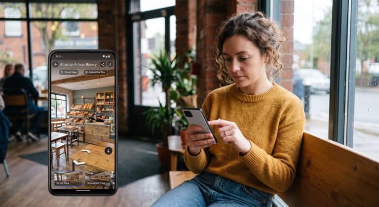 A customer using a smartphone to navigate an interactive Google Street View virtual tour on a local business listing.
