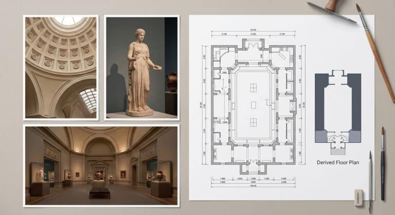 A composite image showcases professional, 4K HDR marketing photographs generated directly from a 3D scan of a decorative heritage ceiling, an artifact close-up (a sculpture), and a wide interior view of a gallery. Alongside these pristine photos, a section displays a detailed, dimensioned 2D architectural floor plan of the same venue, derived directly from spatial data, with a diagram indicating 'Derived Floor Plan'. The overall aesthetic is clean and technical, emphasizing the high-quality assets derived from a single virtual tour capture.