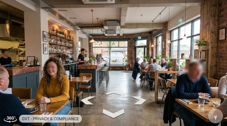 A high-quality 360-degree virtual tour of a commercial space demonstrating GDPR privacy compliance by intentionally blurring people's faces and sensitive data.