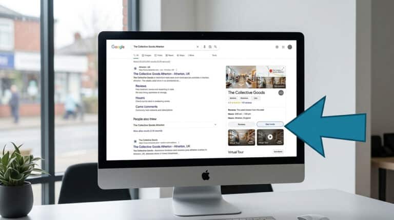 A desktop computer screen displaying a Google Search Knowledge Panel with an arrow highlighting the interactive 'See Inside' 360 virtual tour button for local SEO.