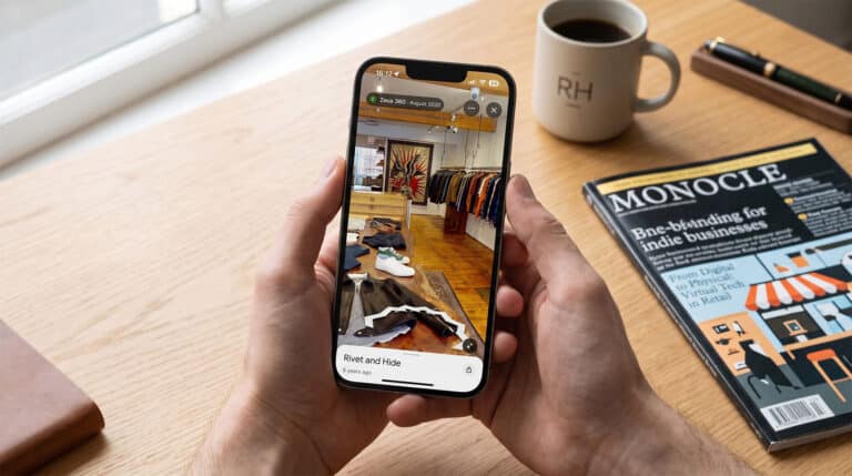 Smartphone interface showing a direct integration of a retail store 360 virtual tour into Google Maps.