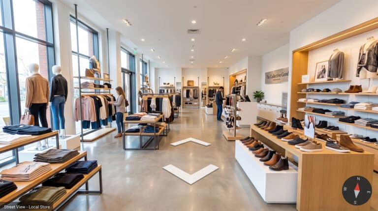 A brightly lit retail store interior shown as a 360-degree Google Street View virtual tour, showcasing product displays and store layout.