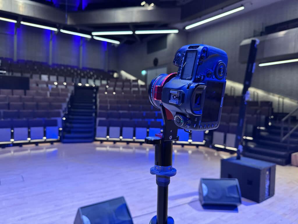 Canon 5D MkIII mounted on a professional tripod shooting custom 360 degree virtual tour images inside a luxury venue