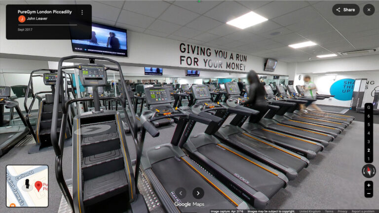An interactive Google Maps virtual tour showing the interior floor of a modern gym and leisure centre.