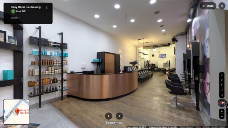 A bright and clean hair salon and spa interior showcased as a Google Business Profile virtual tour.