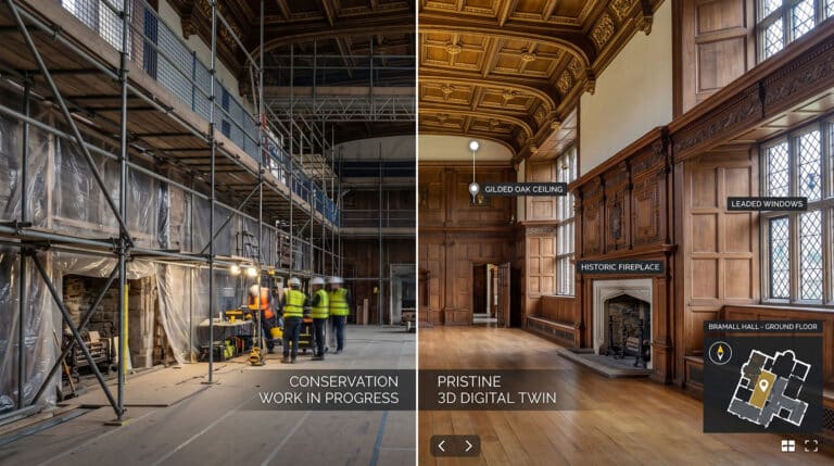 Digital preservation of a historic building interior using a Matterport 3D scan before renovation and during work
