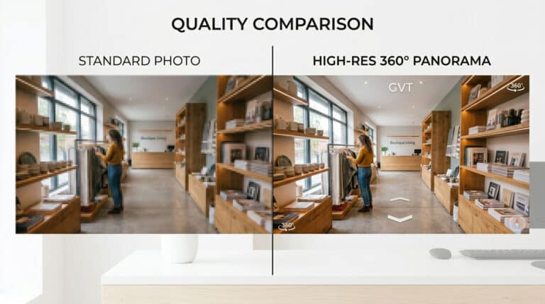 A side-by-side quality comparison showing a standard photograph next to a vibrant, high-resolution 360-degree panorama captured for a Google Street View tour.