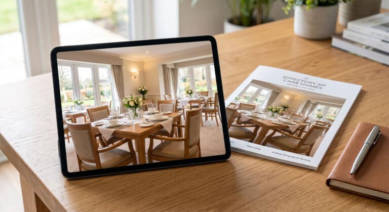 A crisp, beautifully lit 4K photograph of a care home dining room displayed on a tablet, extracted directly from a 3D virtual tour.