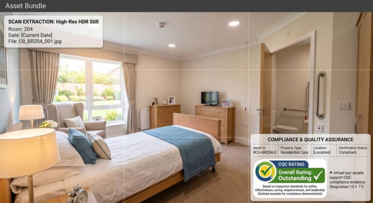 A professional, high-resolution still photograph of a care home bedroom extracted directly from Matterport 3D scan data, proving quality and compliance.