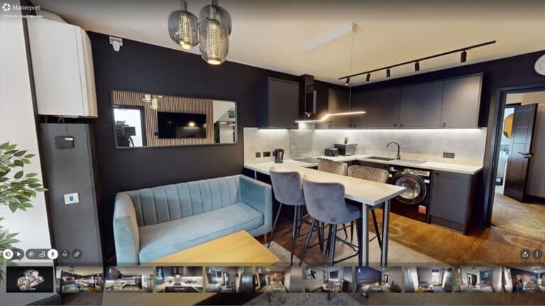 A first-person screen grab of an interactive Matterport 3D virtual tour navigating through a modern HMO co-living property.