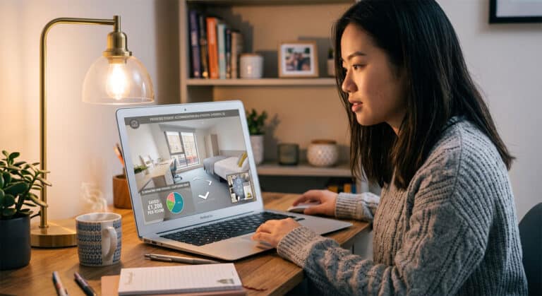 An international student using a laptop in a cafe to explore a high-quality 360 virtual tour of a UK student HMO property.