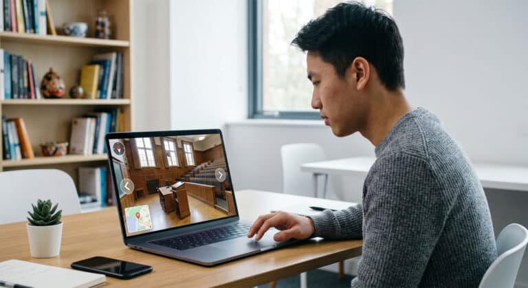 An international student exploring a UK university campus online using an interactive 360-degree virtual tour on a laptop computer.