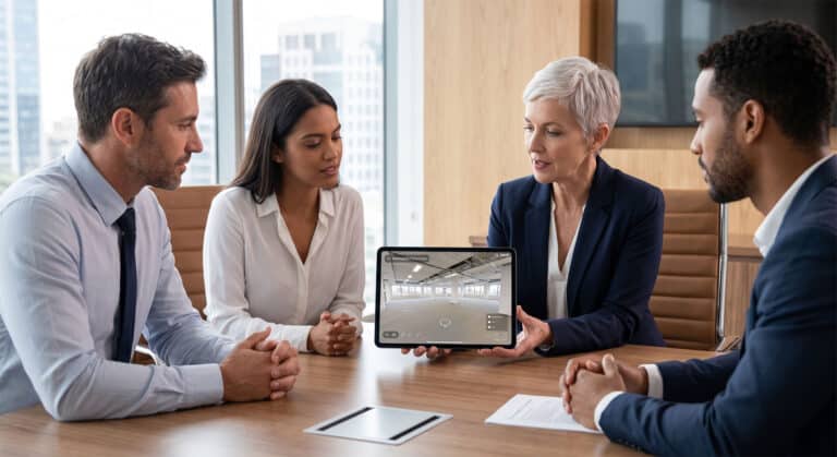 UK business executives reviewing a commercial office virtual tour on a tablet for leasing decisions.