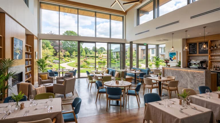 A luxurious bistro and leisure facility inside a retirement village, captured to drive remote property sales via virtual tours.
