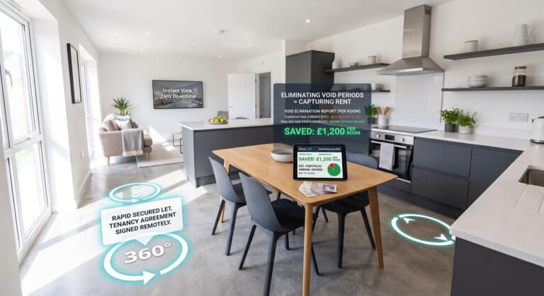 An interactive 360 virtual tour walkthrough of a modern, brightly lit HMO communal living and kitchen area.