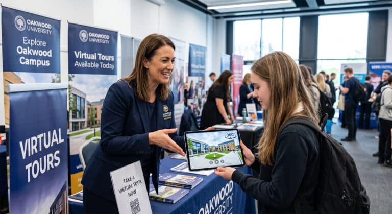 A university representative at a student recruitment exhibition showing an offline campus virtual tour on an iPad.