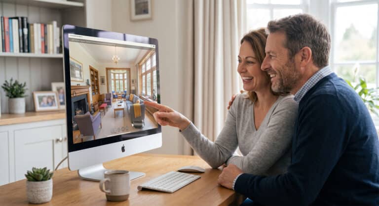 Parents smiling while using a tablet to explore a high-quality virtual tour of a private school boarding house.
