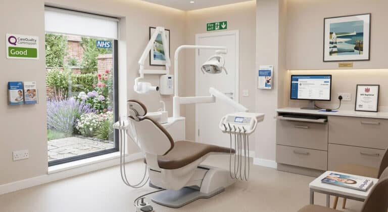 A clean, modern private dental clinic treatment room captured for a 360 virtual walkthrough to ease patient anxiety.