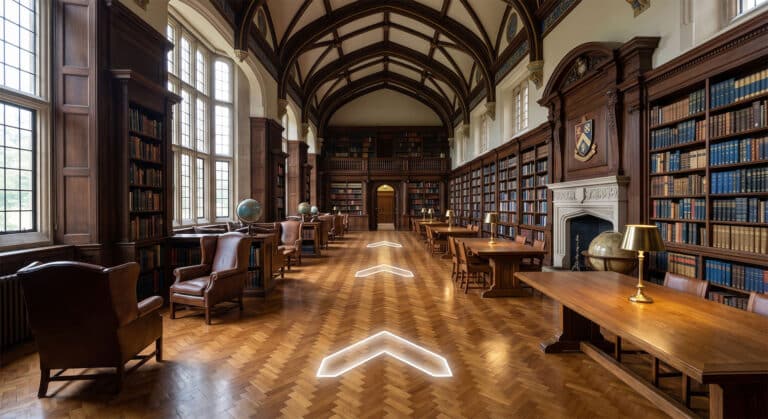 An interactive 360-degree virtual tour navigating through a grand, historic private school library.