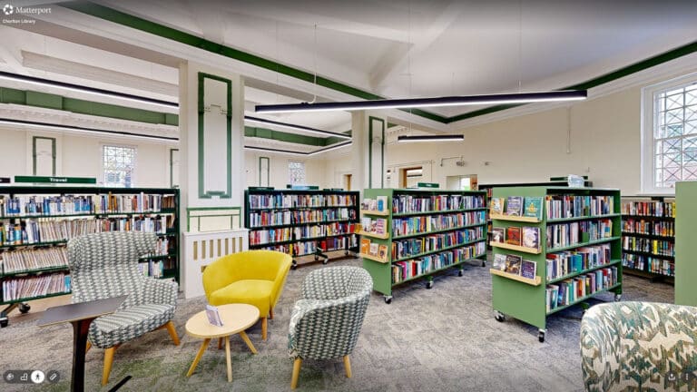 3D virtual tour walkthrough of Manchester Chorlton Library showing study spaces and reading rooms
