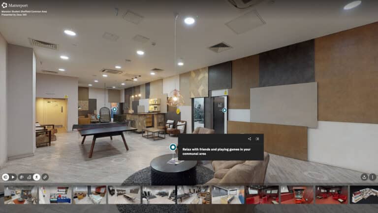 A modern, vibrant purpose-built student accommodation communal lounge shown as an interactive 360 virtual tour.
